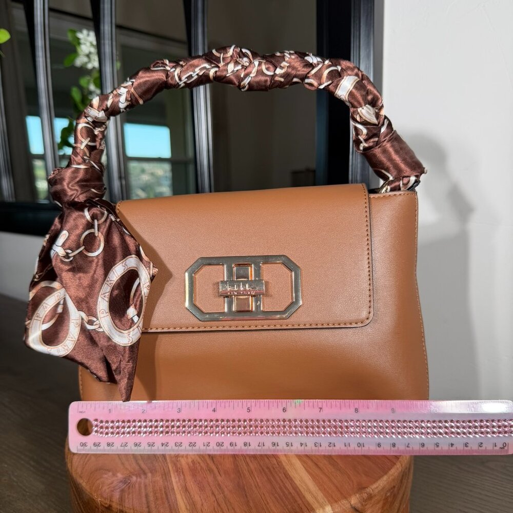 Nicole Miller New York Tan Top Handle Satchel Gold Hardware Scarf Handle NWT - Picture 7 of 7